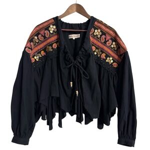 Free People Savannah Bed Jacket women's medium black embroidered sequins boho